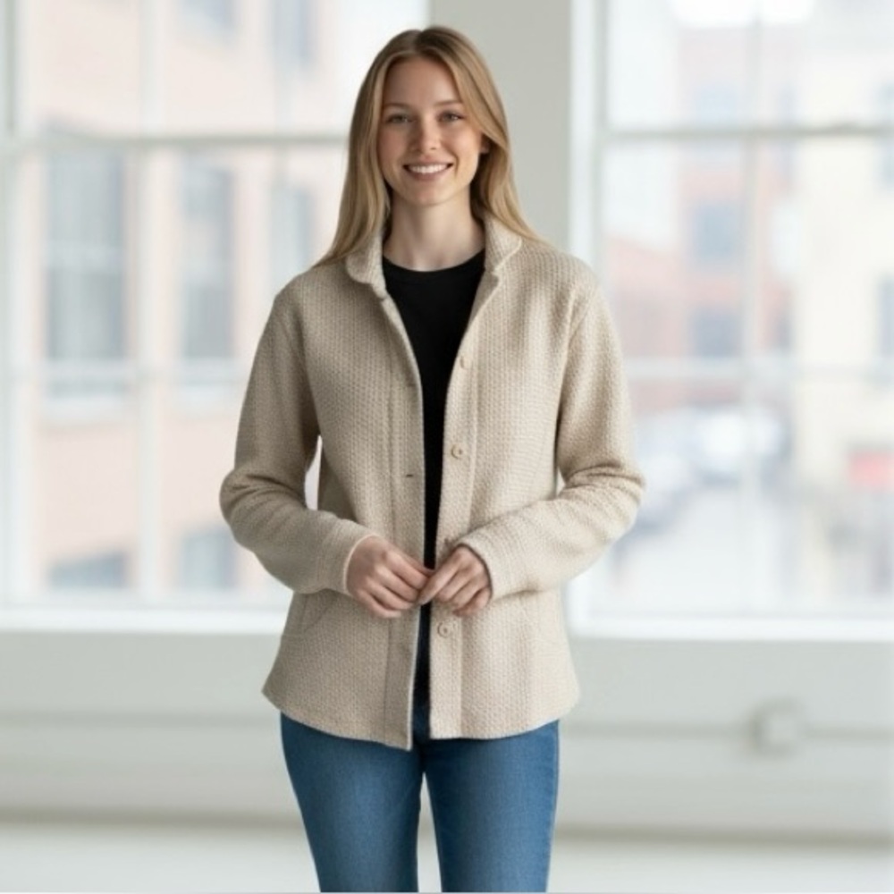 Eileen Fisher XS Beige Cream Italian Cotton Waffle Organic Coastal Shirt USA - Picture 1 of 15